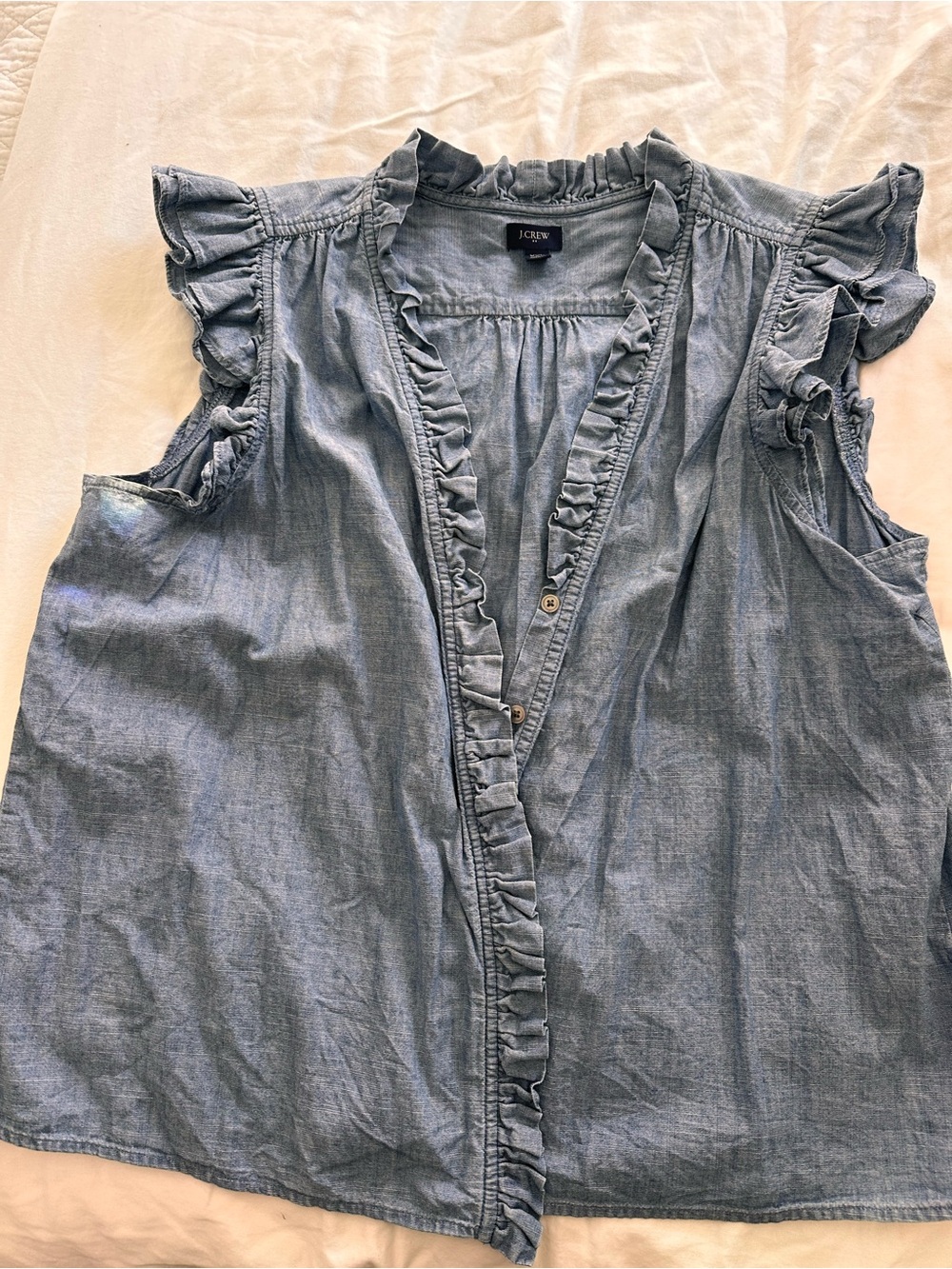 J. Crew Chambray Ruffle Sleeveless Blouse - Blue